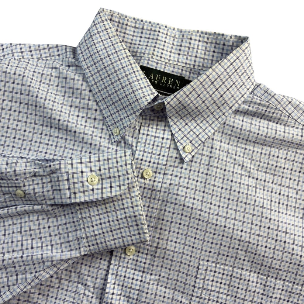 Lauren‎ Ralph Lauren Men's Size 17 34/35 Button Down Shirt Blue White Plaid